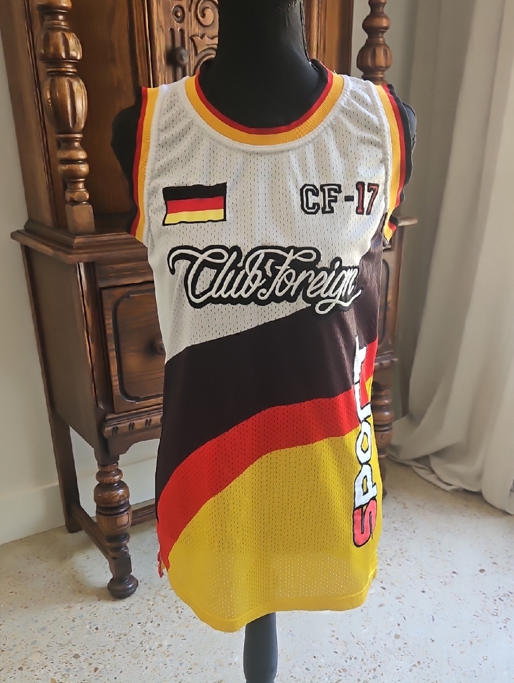 Club Foreign Men's Mesh Jersey Tank Top in White, Red, Yellow. Size S